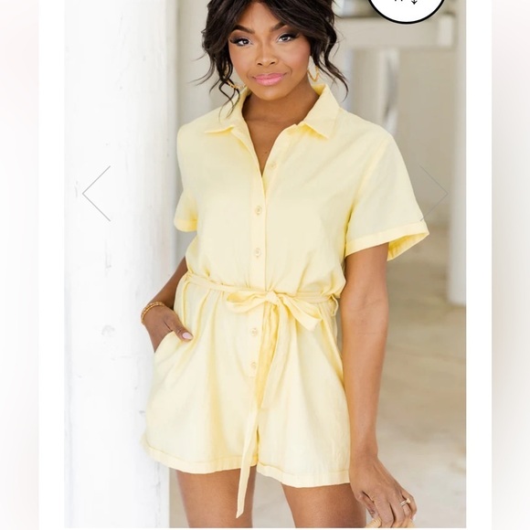 New pink lily CRAVING SUNSHINE YELLOW BUTTON UP ROMPER - Picture 3 of 11